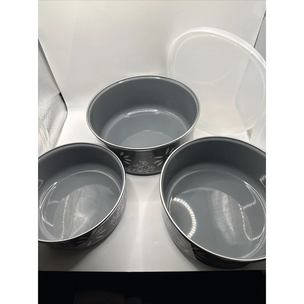 Temptations Stainless Steel Bowls With Lids/ Set of 3 Old World/Floral Lace Gray